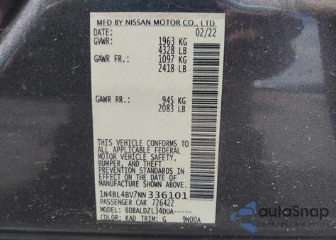 2022 Nissan Altima S Fwd z USA, uszkodzony, nr VIN 1N4BL4BV7NN336101